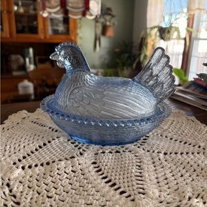 Indiana Cornflower Blue Glass Hen on Nest Covered Dish